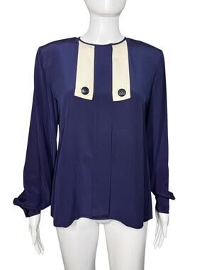 Carlisle Vintage 80s Navy Dark Blue 100% Silk Bib Blouse Women's Size 8